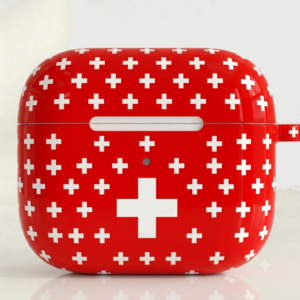 Étui AirPods rouge avec motif croix suisse répété